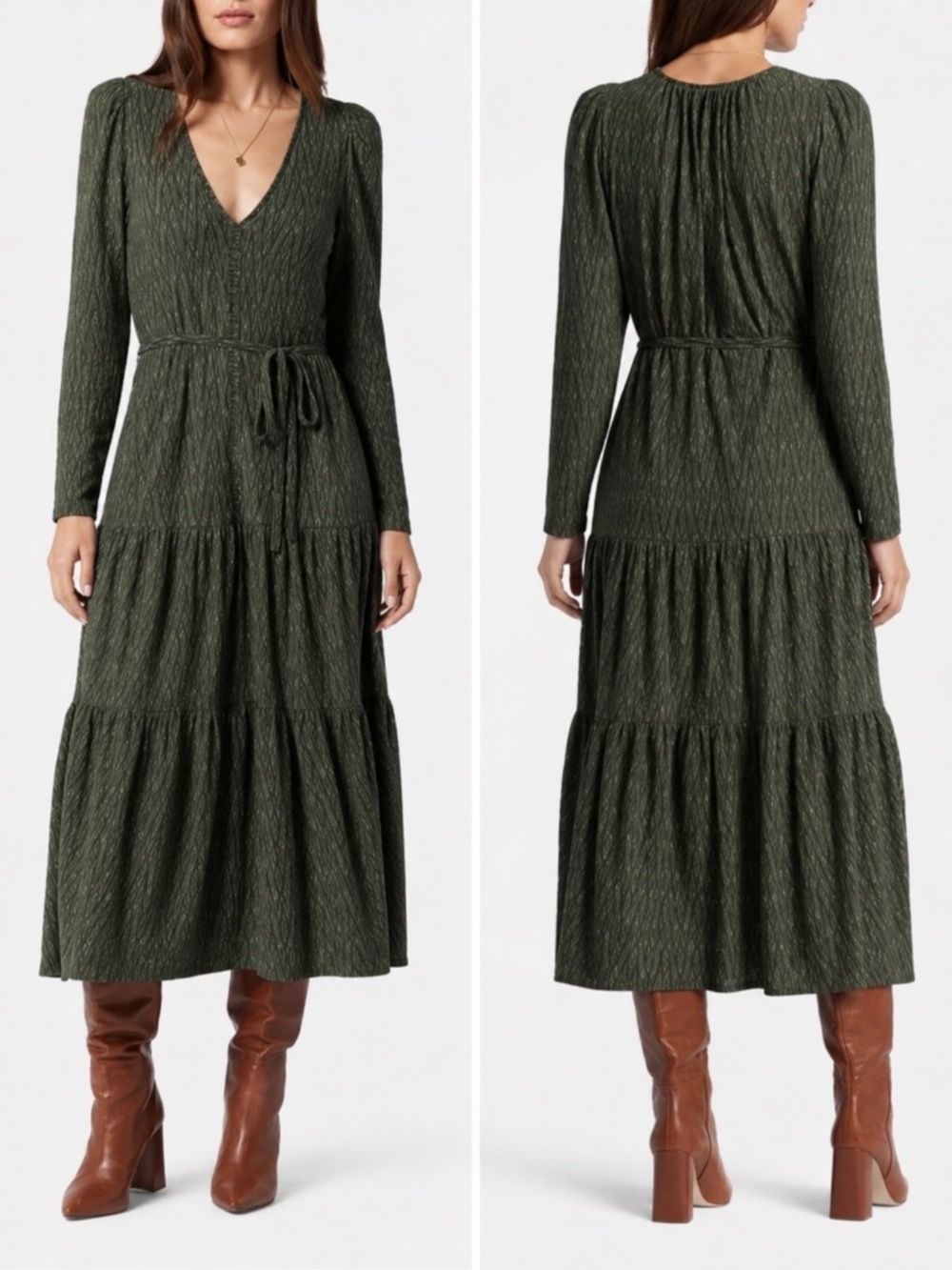 Soft Joie Mirbel Boho Tiered Midi Dress Olive Geometric Jacquard Tie Waist S